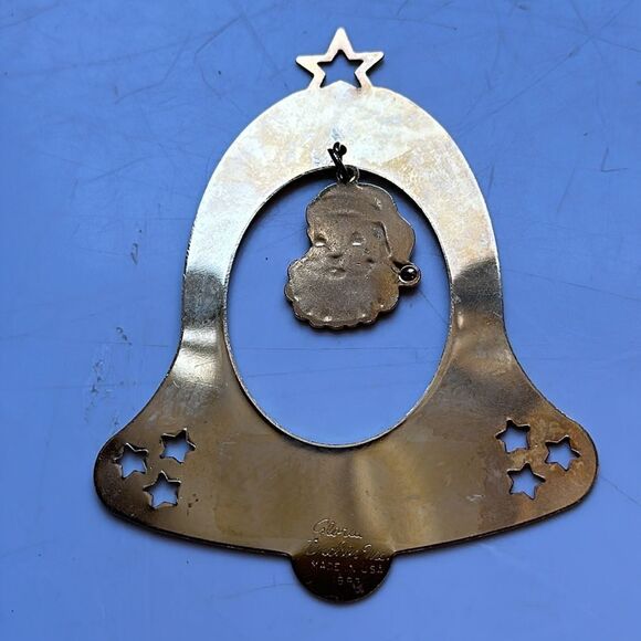 Vtg Gloria Duchin gold brass bell Christmas tree ornament with Santa pendant - Picture 4 of 5